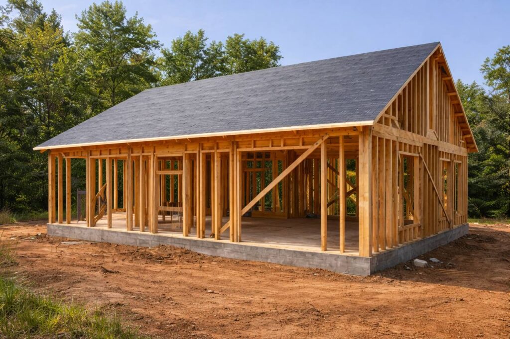 Framed structure with temporary roof
